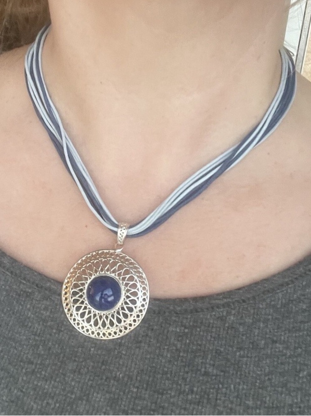 Milor Italy Lapis 925 Silver Round Pendant Blue Cord Necklace 16"+2"